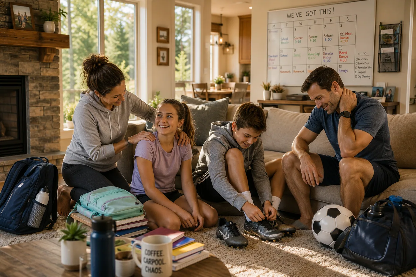 Family in living room getting ready for a week full of events